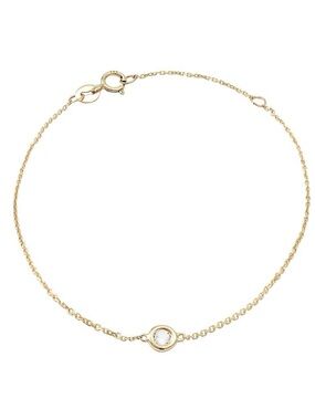 14K Real Yellow Gold Classic Round Bezel White Topaz Bracelet 6+1″
